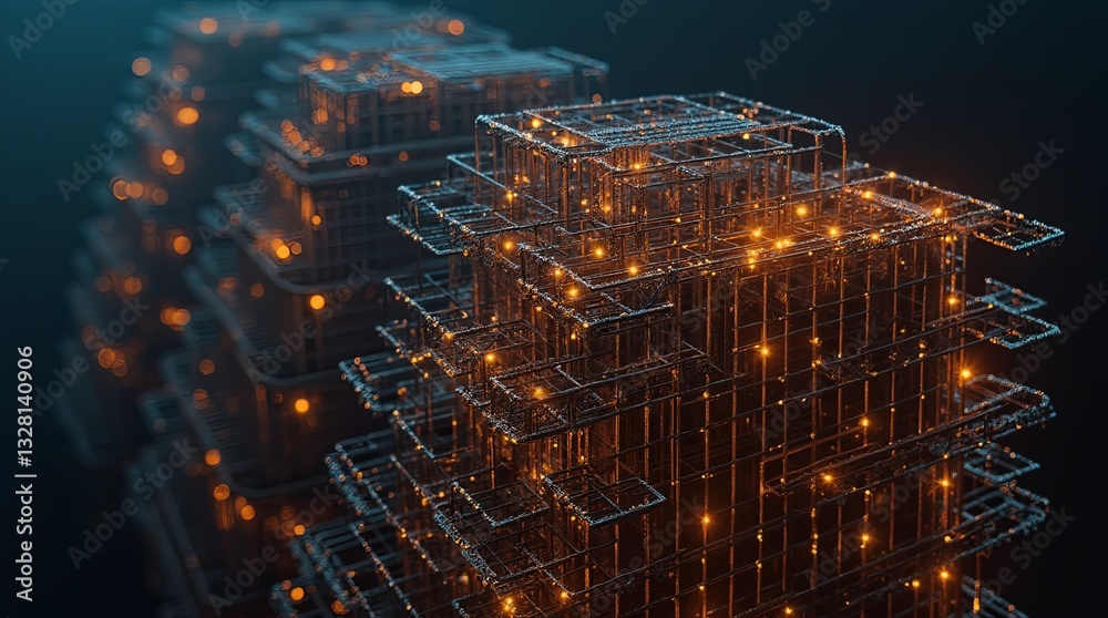 Aufkleber The image is a computer generated rendering of a cityscape with tall buildings