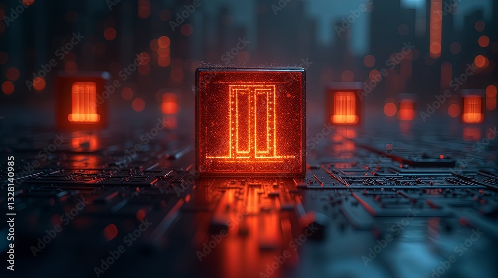 Aufkleber a computer chip with a red square on it