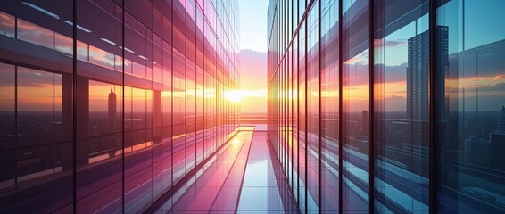 A city skyline with a sunset in the background