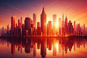 Fototapeta premium Minimalist Red Cityscape Silhouette Reflection - Artistic Architectural Illustration