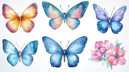 Fototapeta premium Watercolor Painting of Colorful Butterflies and Pink Flowers