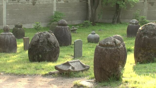 Funerary jars in Pohyon temple, Hyangsan, Mount Myohyang, North Korea