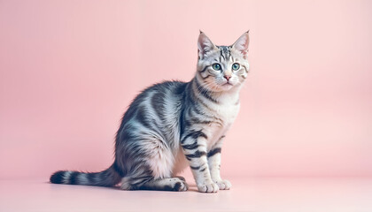 Adorable silver tabby cat sitting on a pink background looking curious and calm. 