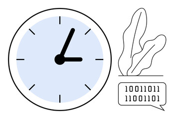 Large round clock with minimalistic design, binary speech bubble, and abstract plant. Ideal for productivity, time, innovation, digital transformation, coding, modern life flat simple metaphor