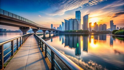Fototapeta premium Minimalist River Walkway: Cityscape Bridge & Skyscrapers