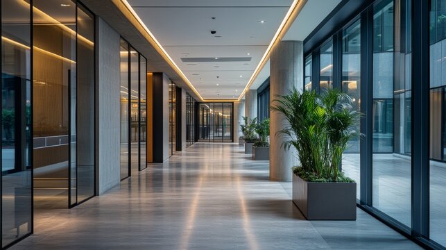 Modern Office Interior with Glass Walls and Lush Green Plants in a Well-Lit Lobby Area