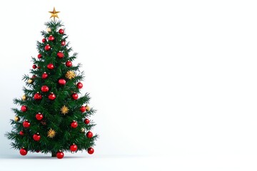 Fototapeta premium Decorated Christmas Tree with Red Ornaments and Gold Star Topper