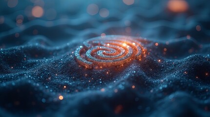 A small glowing object is on a blue surface