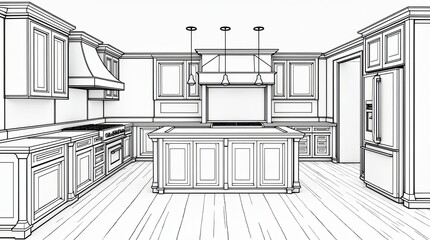 A kitchen with a large island and a stove