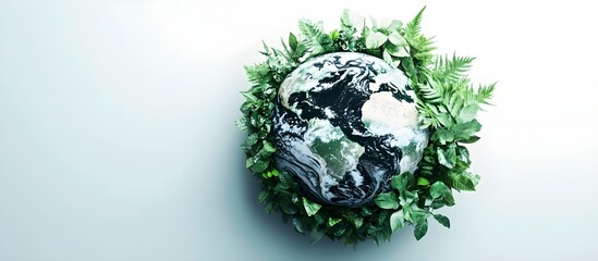 Thriving Earth. Vibrant plants cascade from a healthy blue & green globe. Celebrate Earth Day. copy space. isolated on white.