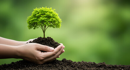 Hands Holding Small Tree with Soil Against Green Nature Background &ndash; Environmental Conservation Concept