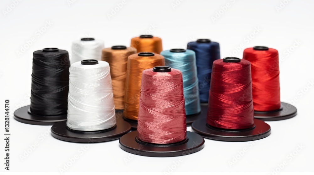 Poster A row of colorful spools of thread are displayed on a white background