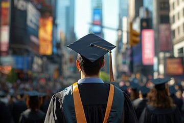 Graduate in cap and gown, back view in city. Illustrates achievement, future prospects, and urban success.