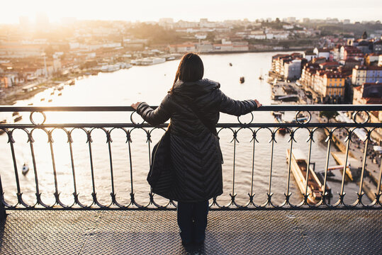 young woman in the city bridge