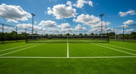 Playing Surface Empty Green Court with Net Under Blue Sky Clouds