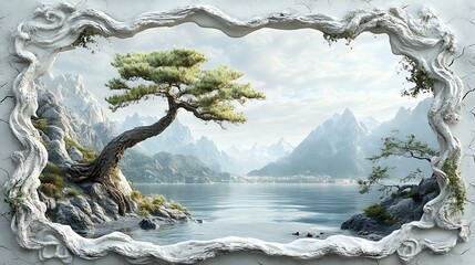 Nature wall painting, artistic artwork on nature with trees, mountain and  a lake under blue sky