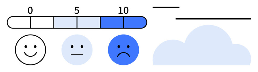 Emotion scale with three happy faces ranging from happy to sad, gradient numbered bar from 0 to 10, and cloud element. Ideal for emotion tracking, mood analysis, mental health, feedback, surveys