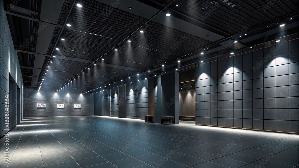 Poster a large, empty room with a black ceiling and white walls