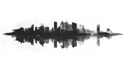 Obraz premium Abstract city skyline reflection, urban landscape, black and white, horizontal format, graphic design, artistic, minimalist