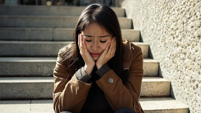 Young Woman Sitting on Steps with Hands on Face in Contemplation