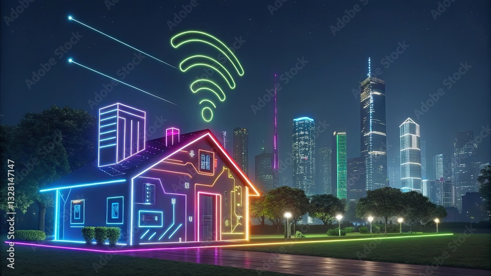 Poster a house with a wifi symbol on it is surrounded by a cityscape