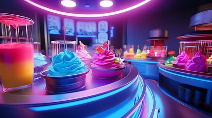 Colorful Desserts and Drinks on Futuristic Conveyor with Neon Lighting
