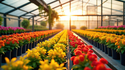 A high-quality photo of a greenhouse interior with rows of potted plants and solar panels. The greenhouse has a glass roof and walls, allowing natural light to flood in. The plants are diverse