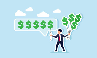 Businessman carries several dollar-shaped balloons, placing one among dollar signs, illustration of completing achievements in gaining business profit
