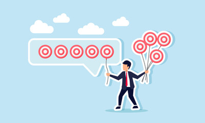 Businessman carries several target board-shaped balloons, placing one among target boards, illustration of completing achievements in reaching business targets