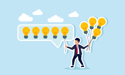 Businessman carries several lightbulb-shaped balloons, placing one among lightbulbs, illustration of completing or the final part of business ideas and innovation