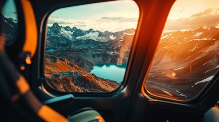 Naklejka premium Aerial view of mountain landscape at sunset through aircraft window