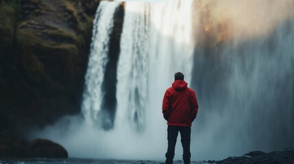 Obraz premium Serene contemplation by majestic waterfall in natural setting for travel inspiration