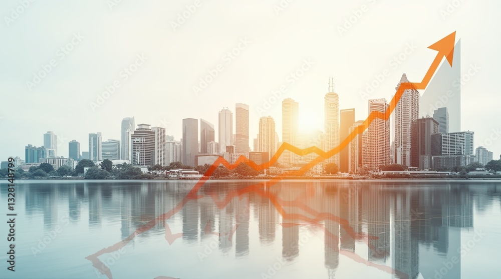 Poster a city skyline with a red arrow pointing upwards