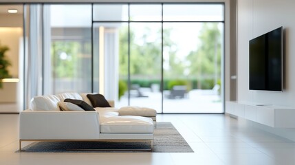 Fototapeta premium Modern minimalist living room with white sofa and large tv, featuring natural light and open spaces for interior design inspiration