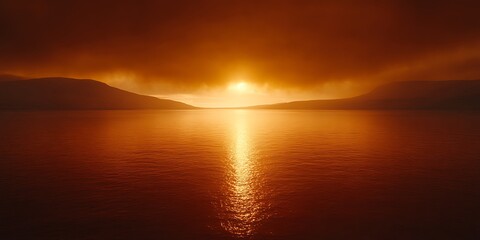 Obraz premium Stunning Orange Sunset Over Calm Sea with Silhouette of Distant Hills, orange and brown theme landscape