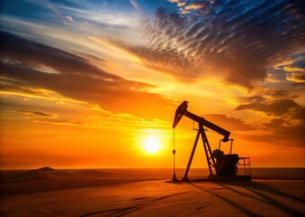 Naklejka premium Minimalist Sunset Oil Pump Silhouette - Desert Landscape Stock Photo