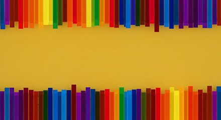 A yellow background with a rainbow of colored blocks on it