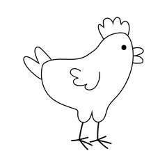 Simple drawing of a cartoon chicken with a round body and small wings standing on a white background