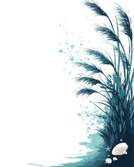 Coastal Vector Illustration with Blue Sea Grass, Shells and Starfish on White Background - Perfect for Beach Theme Designs and Seaside Artwork