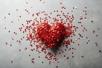 Minimalist Valentine's Day Background: Red Glitter Heart Confetti on Grey