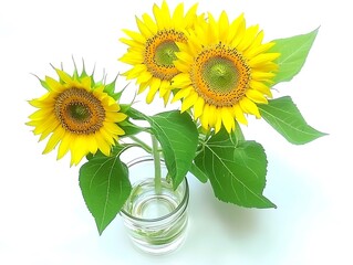 Obraz premium Beautiful Yellow Sunflowers in Clear Glass Vase on White Background