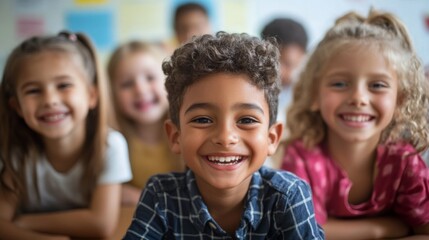 Fototapeta premium Group of happy diverse children smiling in classroom setting