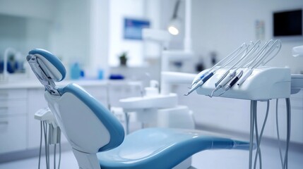 Modern dental clinic interior with dentist chair and tools for oral care and hygiene