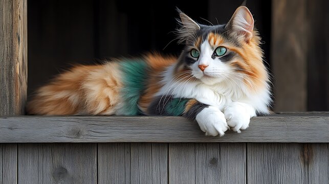 Calico cat with vibrant eyes resting on wooden ledge.
