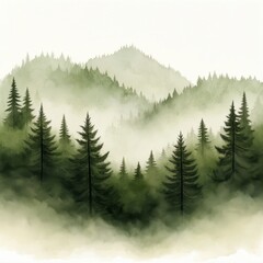 Fototapeta premium Misty Mountain Landscape with Evergreen Trees and Soft Fog