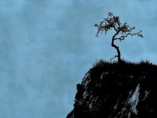 Silhouette of a Lone Tree on a Rocky Hill Under a Blue Sky, painting illustration landscape