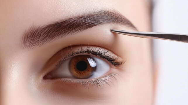 Close-up of eyebrow grooming with tweezers - beauty and self care concept