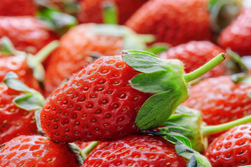 Closeup view of fresh ripe strawberry. Harvest of red berries
