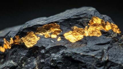 Natural gold ore in dark rock - precious mineral discovery and geology exploration