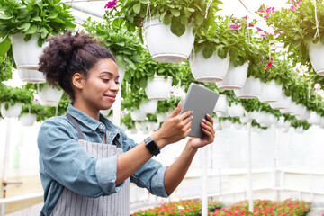 Blooming greenhouse in daylight. Smiling african american young woman holding tablet in hands and making photo, for blog, free space